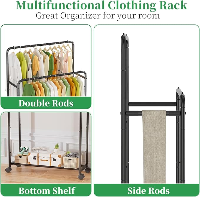 Simple Trending Clothing Clothes Rack Double Rods with Wheels, Rolling Metal Garment Rack for Hanging, Black