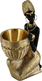 Lescafita Handmade African Tribal Woman Sculpture - Gold Adorned Seated Figure with Basket, Vintage Resin Statue for Home Decor, Unique Housewarming Gift for Shelf/Table (9.65" H)