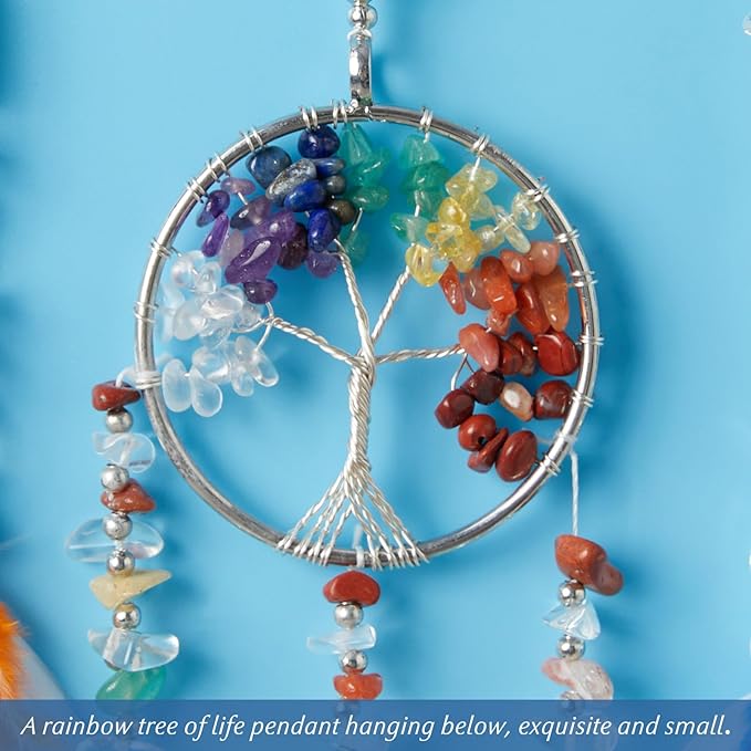 7 Chakras White Dream Catchers Tree of Life Dream Catcher Rainbow Feather Dreamcatcher Wall Decor with Healing Crystal & Fluorite Wall Art Hanging for Bedroom Home Decor Bless Gift Wedding Garden