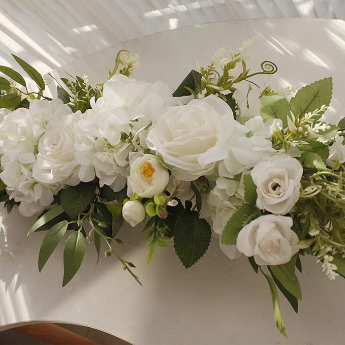 Wedding Arch Flowers, 25.6 Inch Artificial Rose Flower Swag, Decorative Rose Floral Swag for Lintel, Green Leaves Flower Garland for Home Garden Wedding Door Decor (White)