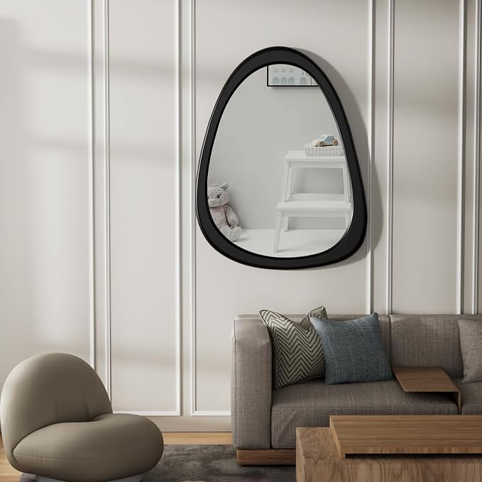 28"x 22" Irregular Wall Mirror, Black Frame Wood Asymmetrical Decorative Wall Mirror for Living Room Bedroom Entryway Bathroom Home Decor
