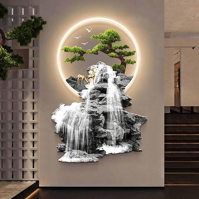 YFQHRXYS 3D Oriental Waterfall Wall Art with LED Light,Oriental Welcoming Pine Landscape for Living Room Office Decor,Modern Art Wall Decor Sculptures, Plug-in Power Supply, Remote Control（50 * 75cm）