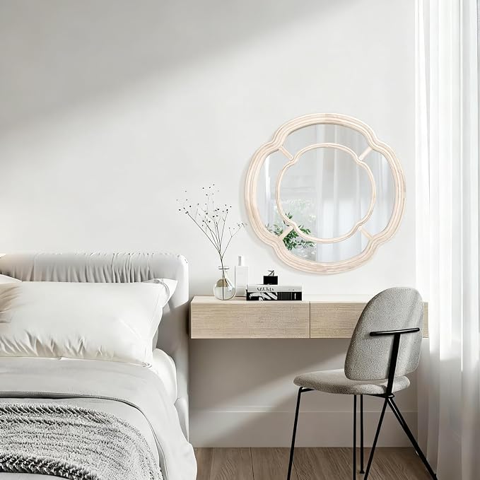 Irregular White Mirror, Wall Mounted Wavy Circle Large Mirror Wood Frame Round Hanging Decorative Mirros for Entryway Living Room Vanity and Bedroom, 20 Inch Home Decor