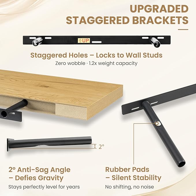 FLYJOE 24 Inch Long Floating Shelves for Wall Set of 1, 12" D Wood Grain Bathroom Shelves with Invisible Brackets, Easy Install Engineered Wood Storage Shelves for Kitchen, Living Room, Bedroom