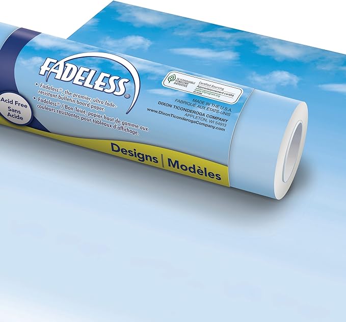Fadeless Bulletin Board Paper, Fade-Resistant Paper for Classroom Decor, 47.25” x 12’’ , Wispy Clouds, 1 Roll