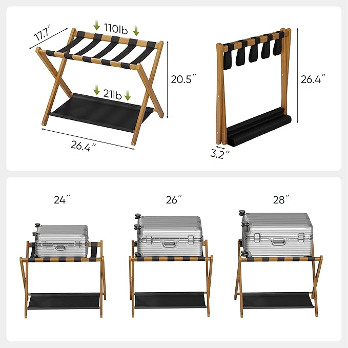 Luggage Rack, Folding Luggage Rack for Guest Room, Walnut Bamboo Suitcase Stand Holds up to 131 lb, Luggage Stand with Storage Shelf for Hotel, Bedroom (1 Pack)