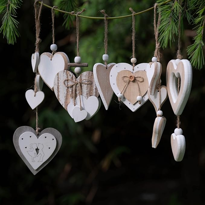 Sun&Beam Heart-Shaped Wooden Decorative 2Pcs Hanging Handmade Hearts Ornaments for Wedding Party Valentine Christmas Home Decoration Car Décor (S-#4, 2Pcs)