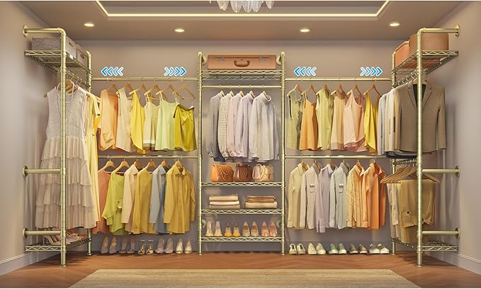 Timate U5 Expandable Wall Mounted Clothes Rack, Walk in Closet, Heavy Duty Industrial Pipe Clothing Rack with 4 Expandable Hanger Rods & 8 Adjustable Shelves, Fits Spaces 8'- 10', Gold