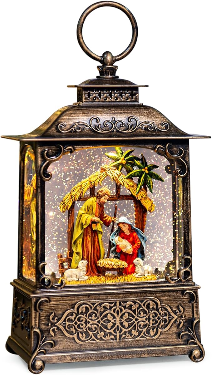 Christmas Snow Globes Lantern with Music, Jesus Christ Nativity Scene Snow Globe with Swirling Glitter Effects, USB/Battery Powered with 6-Hour Timer, Christmas Decorations
