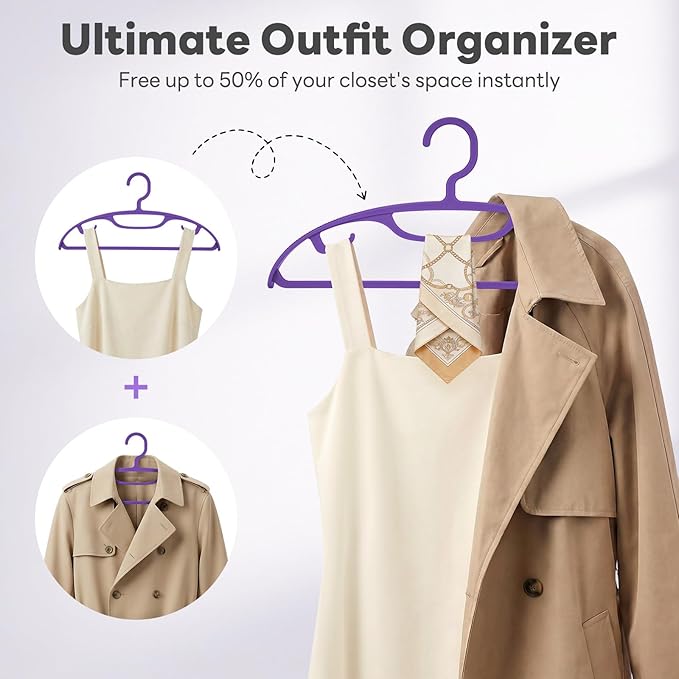HOUSE DAY Plastic Clothes Hangers 24 Pack, Sweater Hangers No Shoulder Bump, Thick Heavy Duty Coat Hanger for Closet, Purple Wide Hanger with Non-Slip Hook for Sweaters, Suits, Dresses, Jackets, Pants
