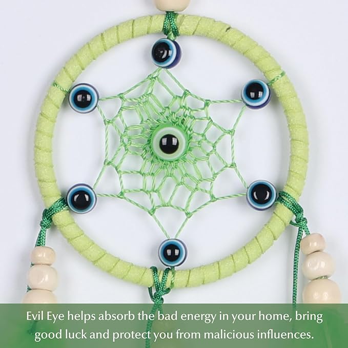 Pretty Jolly Small Evil Eye Dream Catchers Wall Decor Wood Beads Handmade Green Feathers Mini Dreamcatchers Home Decoration Ornament for Car Bedroom Birthday Party