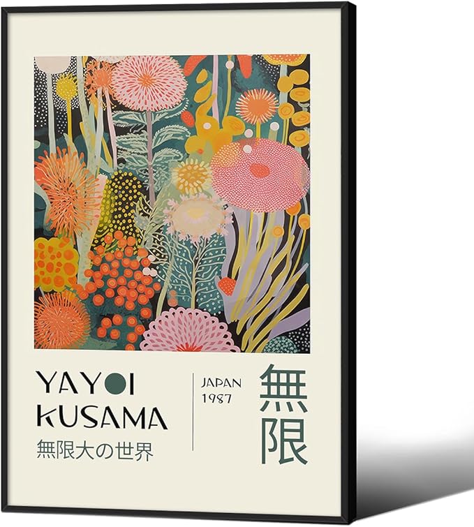 Abstract Yayoi Kusama Posters Japanese Wall Art Vintage Tokyo Aesthetic Prints Yayoi Kusama Inspired Japanese Gallery Wall Art for Stylish Room Bedroom Living Room Decor 24x36in Black Framed