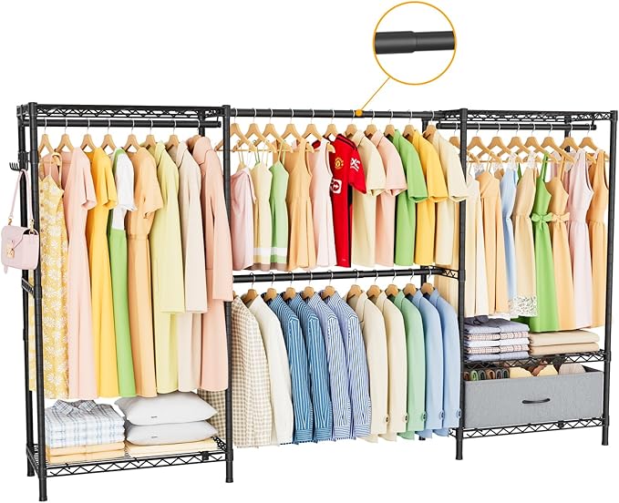 Coat Rack Clothes Wardrobe：Closet Organizer and Storage Clothing Garment Rack with Shelves Heavy Duty for Hanging Clothes Portable Adjustable Black 15.8" DX69 WX76.5 H