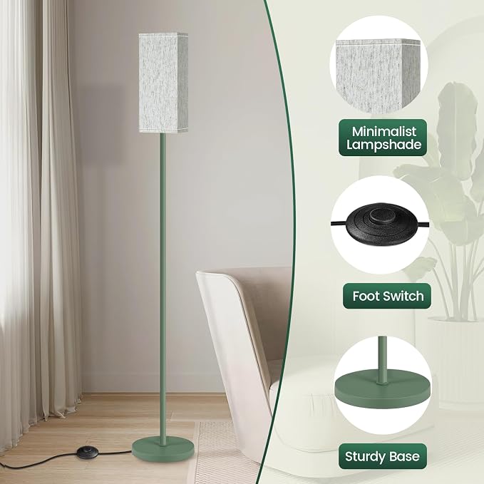 64.6" Floor Lamp, Pole Lamp with Foot Switch, Modern Standing Lamp, Minimalist Freestanding Lamp (Bulb Not Included), for Living Room, Bedroom Office ETL Listed, Green QQ07LD05