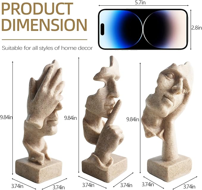 aboxoo Large Size 3 Pcs Thinker Statue, Silence is Gold, See No Evil Hear No Evil Speak No Evil Statues, Modern Resin Sculptures Decor for Living Room, Home, Office Study (Sandy)