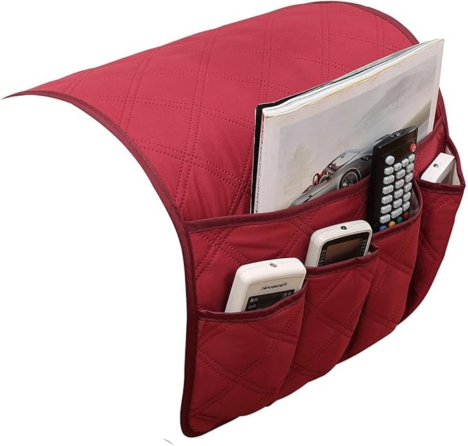 5 Pockets TV Remote Control Holder Couch Sofa Tray Armrest Organiser Oxford Chair Couch Caddy Sofa Armrest Bag Bedside Storage Hanging Organiser for Magazine Books Snack Mobile DVD Cellphone (red)