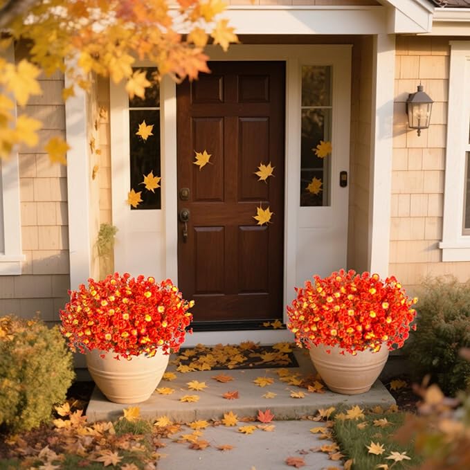 Fake Flowers Artificial for Outdoor Decoration Autumn Silk Flower UV Resistant, 12 Bundles Faux Morning Glory with Eucalyptus Greenery for Indoor Garden Planters Patio Window Home Decor, Mix