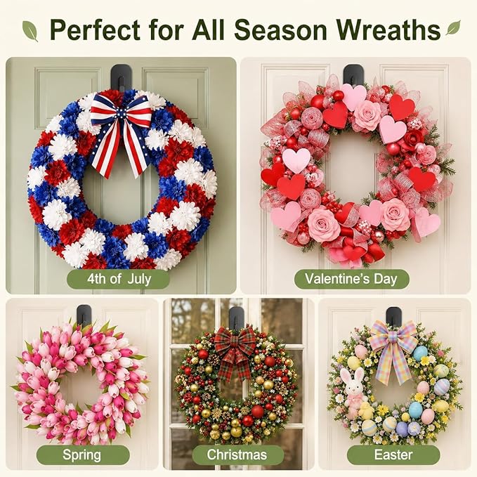 Heavy Duty Magnetic Wreath Hanger, Strong Magnetic Hooks for Front Door, Holds 10 lbs, No-Scratch, Versatile Wreath Hook for All Season Decor, Kitchen, Fridge, Garage (Black, 2 Pack)