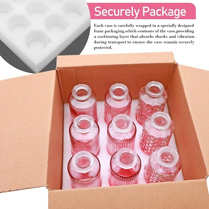 Brajttt Glass Bud Vase Set in Bulk, 9pcs Mini Vintage Flower Vases for Wedding,Pink Relief Vase for Centerpieces,Home Table Flower Decor, Party Decorations