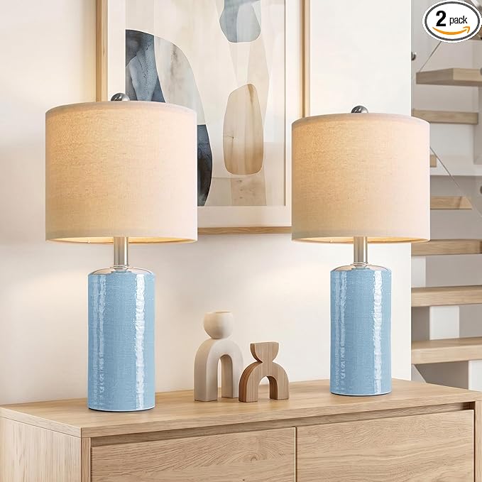 G-SAFAVA 20.5" Small Table Lamps for Living Room Lamp Set of 2 Ceramic Lamps for Bedroom Bedside Lamps Modern Boho Lamps for Night Stands Farmhouse Nightstand Lamp Side End Table Lamp, Light Blue