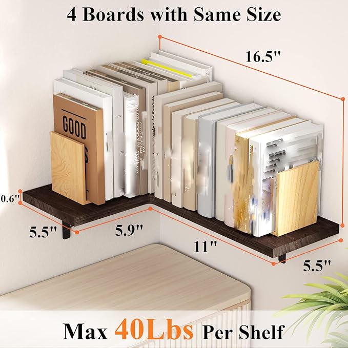 Love-KANKEI Corner Shelf Wall Mounted Set of 4, Floating Wall Shelves for Storage, Rustic Wood Hanging Shelves for Bathroom Kitchen Bedroom Living Room Display, Dark Brown