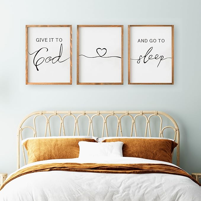Set of 3 Framed Farmhouse Give it to God and Go to Sleep Signs 11x14” Above Bed Wall Decors for Bedroom Wood Signs (11x14 inches, Brown)