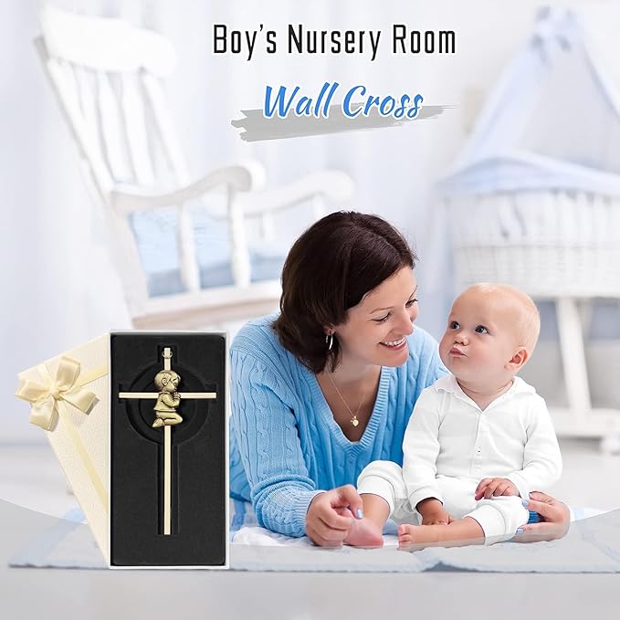 Tryuunion Baby Wall Cross Baptism Gifts for Boys and Girl, 7-inch Blessing Boy Baptism Crosses for First Holy Communion Christening and Dedication Baptismal Gifts (Gold Boy-7 in)