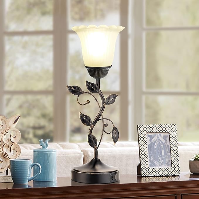 Touch Leaf Bedside Table Lamp with 2 USB Ports Nightstand Lamps | 3-Way Dimmable Vintage Lamps White Glass Shade Vintage Rural Leaf Lamp for Living Room Bedroom Side Table, LED Bulb Included