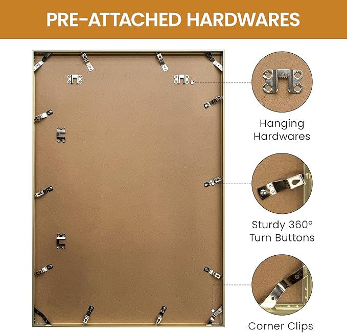 18x26 Aluminum Metal Picture Frame,Tempered Glass Gold Photo Frame 18x26 for Family Photo,Posters,Art,Document to Wall Mount Horizontally or Vertically