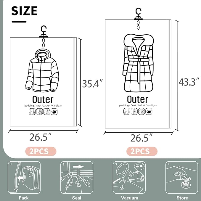 Meetall 6Pack Hanging Vacuum Storage Bag Reusable Space Saver Compressed Bag with Hangers.3pcs in 26.3x35.4inch(67x90cm) and 3pcs in 26.3x43.3inch (67x110cm).Work with Any Vacuum Cleaner.
