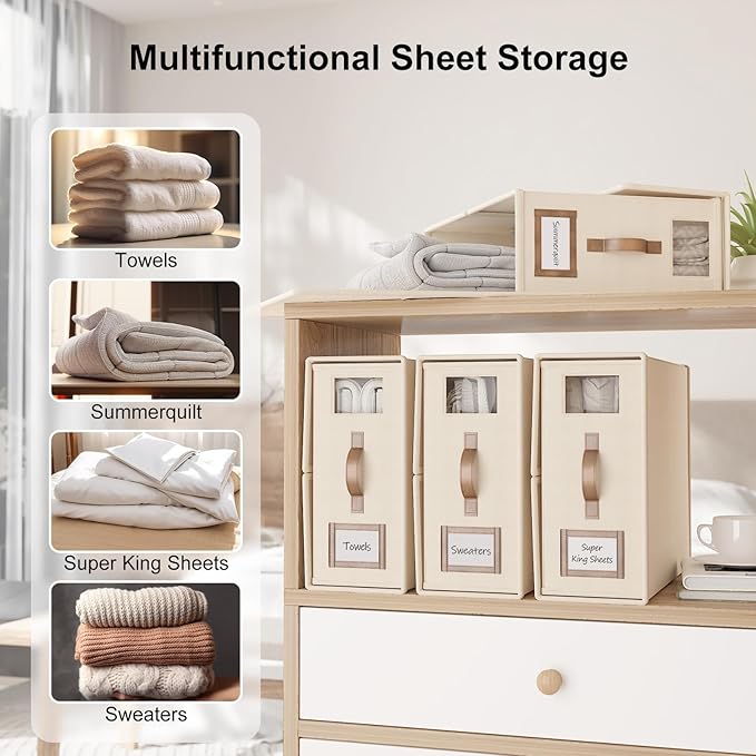 6 Pack Foldable Bed Sheets Set Organizers and Storage(Cal King Size),Linen Fabric Closet Organizers with Window,Folding Bedding Storage Box for Bedsheets and Pillow Cube Organizer-Beige