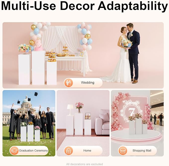 3PCs Metal Pedestal Stand, White Square Pedestal Display Plinth Pillars, Wedding Pedestals Stand Flower Display Rack Decorations, Table Pillars for Birthday Baby Shower Decor Displays ﻿