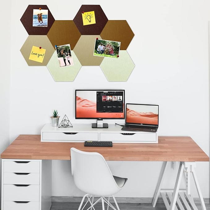 8 Pcs Hexagon Felt Cork Bulletin Board Tiles, Self Adhesive DIY Bulletin Board Pin Board for Office School Home Wall Decor Memos Photos Display (Gradual Brown)
