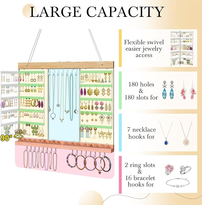 Large Rotating Hanging Jewelry Organizer, 5-Tier Wall Mounted Earring Holder for 180 Pairs, Jewelry Rack for Earrings, Necklaces, Bracelets & Rings, Necklaces, Bracelets & Rings, for Girls, White