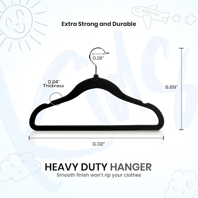 Utopia Home Kids Velvet Hangers 20 Pack – 11 Inch Non-Slip Baby Hangers for Baby and Toddlers, Durable Ultra-Slim Space-Saving Closet Organizers (Black)