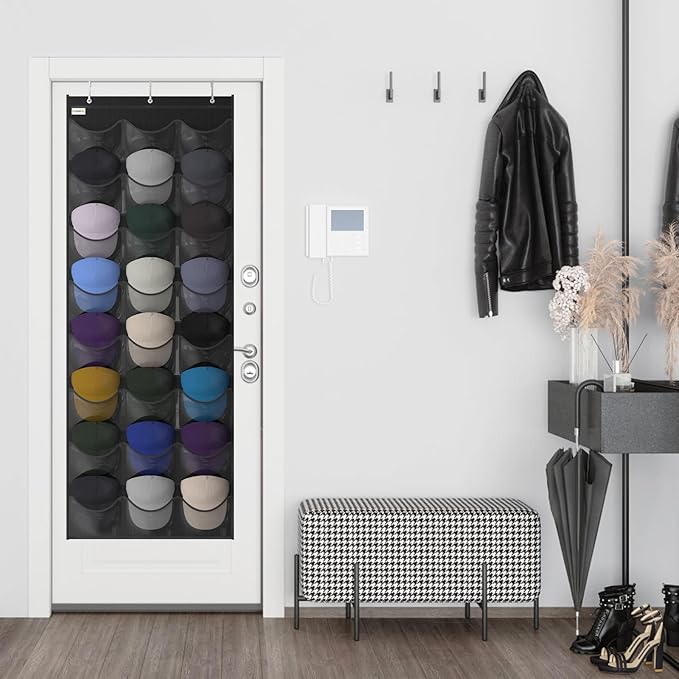 Unjumbly Baseball Hat Rack, 24 Pocket Over-The-Door Hat Organizer with Clear Deep Pockets to Display Baseball Caps Collection, Complete with 3 Over Door Hooks (Black, 24 Pockets)