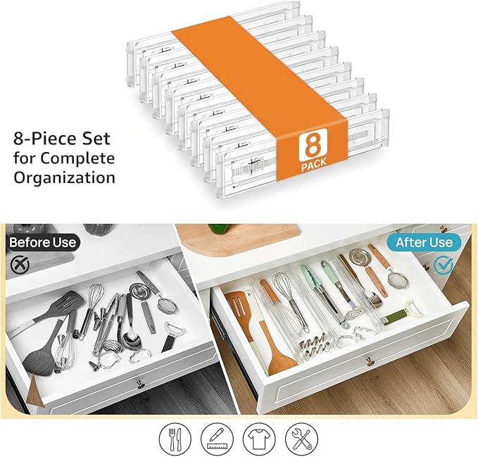 Acrylic Drawer Dividers for Clothes, Adjustable 11–20.8 Inch Expandable Deep Dresser Drawer Dividers, Clear Drawer Separators for Baby Clothes, Underwear, Kitchen, Office & Home Storage
