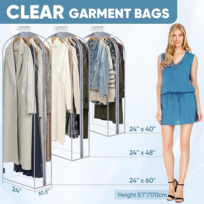 BALEINE 40'' Clear Garment Bags, 10.5'' Wide PEVA Suit Bag for Closet Clothes Dresses Suit Coats Storage (Clear, 6PK)