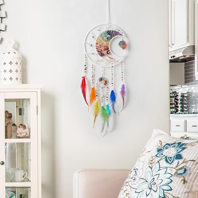 7 Chakras White Dream Catchers Tree of Life Dream Catcher Rainbow Feather Dreamcatcher Wall Decor with Healing Crystal & Fluorite Wall Art Hanging for Bedroom Home Decor Bless Gift Wedding Garden