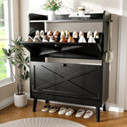 Shoe Storage Cabinet with 2 Flip Drawers, Freestanding Entryway Shoe Cabinet with 2 Side Hooks & Adjustable Shelves Slim Shoe Organizer Cabinet Narrow Shoe Rack for Entrance Hallway Front Door,Black