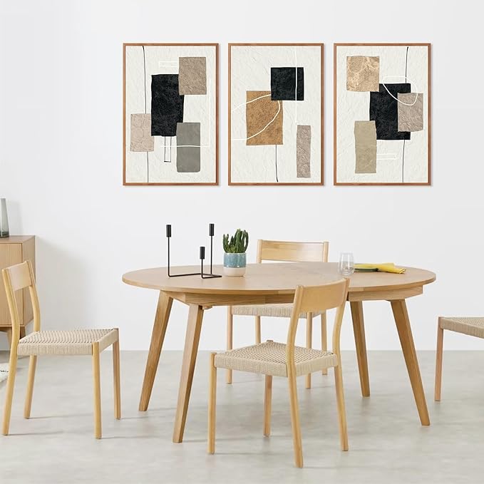 KAlRNE Neutral Abstract Framed Canvas Wall Art Set of 3(24”X36”),Black Beige and Brown Wall Decor,Modern Minimalist Block Lines Art Prints For Living Room Bedroom Office