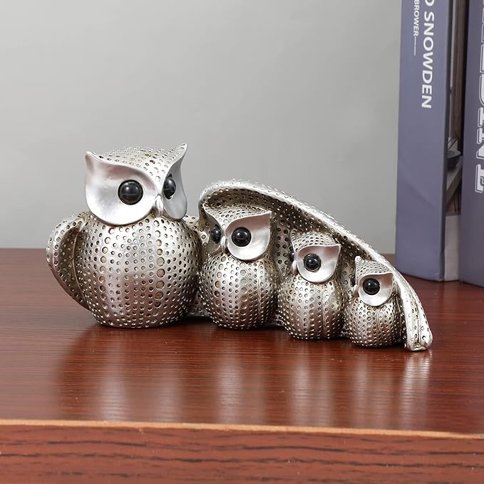 Cute Silver Family of Four owl Figurines Home Décor Sculpture with Three Baby Owls Décor for Shelf Gifts Decoration for Birds Lovers Home,Office, Bookself