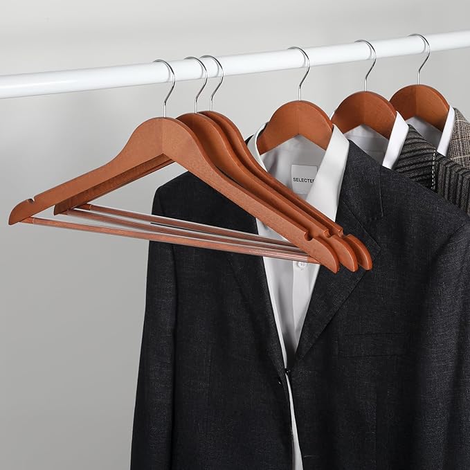 TOPIA HANGER Wooden Hangers 30 Pack, Wood Clothes Hangers, Durable Coat Hanger with 360-Degree Rotatable Hook, Non-Slip Pants Bar and Shoulder Notches for Camisole Tops (Walnut) - CT34WA30