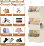 Hanging Closet Organizer 3 Shelf Collapsible Fabric Closet Organizers and Storage Hanging with Mesh Pocket for Clothes, Hanging Wardrobe Organizers and Storage for Sweater T-Shirt Shoes Toys, Beige