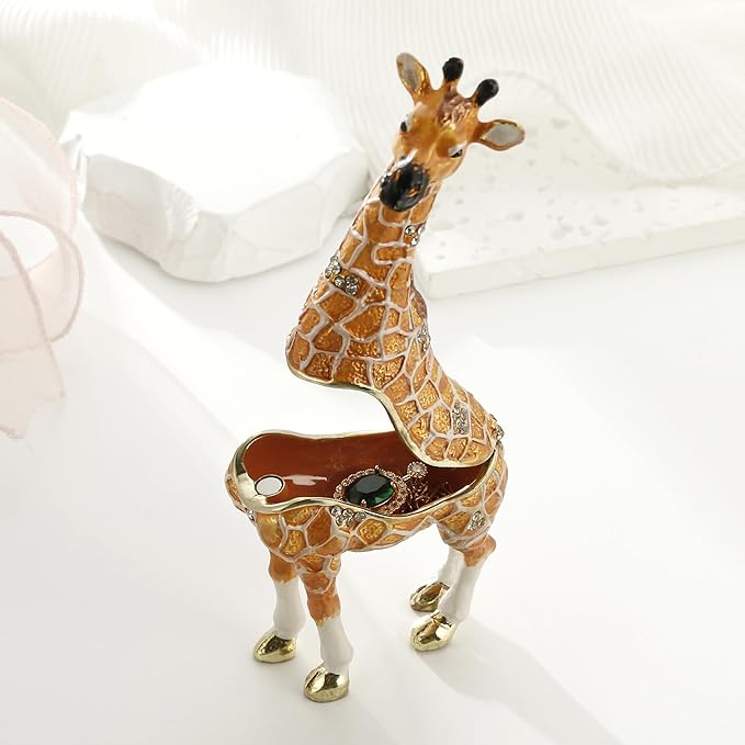 Hand Painted Trinket Box for Home Decor Accents, Enamel Hinged Jewelry Box for Bookshelf Office Table Desk Decoration, Classical Figurine Collectible Keepsake Animal Sculptures (Giraffe-Yellow)
