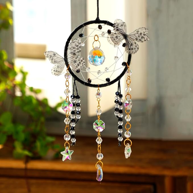 Artilady Dream Catcher for Girls - Butterfly Small Black Dream Catchers with Crystals Cute Room Decor for Teen Girls Boys Boho Bedroom Wall Home Decorations Birthday Christmas Women Kids Gifts