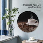 Wall Picture, with Coffee Cup and Coffee Beans Printed Circular Iron Hanging Picture,Wall Art Decor,Home for Bedroom Living Room Bathroom Decor,Iron Painting 11.8X11.8 in