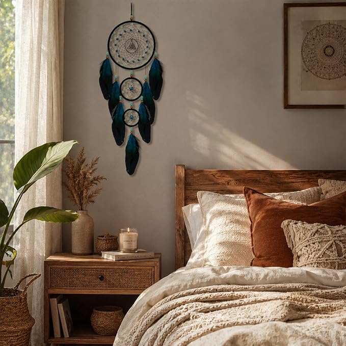 Dream Catchers Handmade Feather Native Home Wall Decoration Blue Black