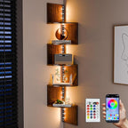 HAAYOT Corner Shelf Wall Mounted: 5-Tier Floating Shelves with Lights for Living Room, Bedroom, Home Office, Rustic Brown