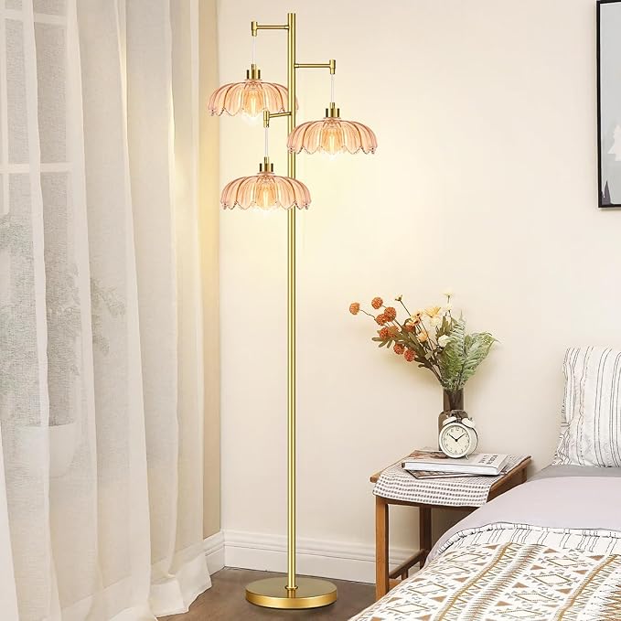 QIYIZM Glass Floor Lamp for Living Room,Bedroom,Gold Mid Century Modern Standing Lamp Brass Tree 3 Light Tall Floor Lamps Vintage Retro Floor Lights Flower Lamp Shade Farmhouse Boho Bohemian